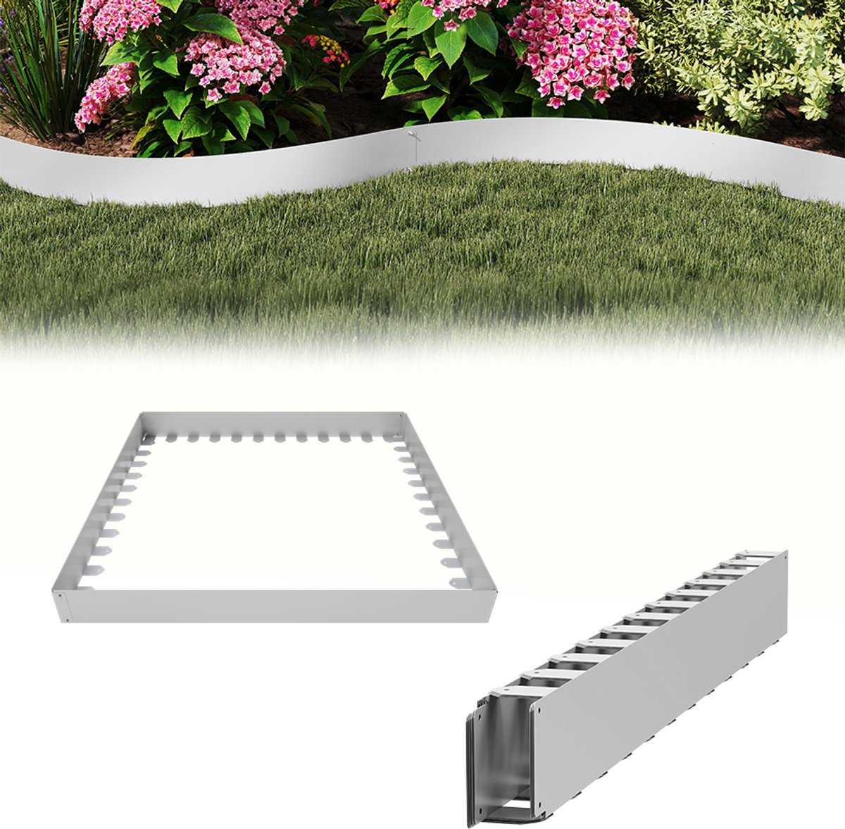 Aufun 10 Meter Flexibele Gazonrandstrip - Zilver - Met 50 Ankers - 100 mm Hoog - Gegalvaniseerde Roestvrijstalen Randstrip - Geschikt Voor Bloembedranden, Landschapsranden En Tuinranden