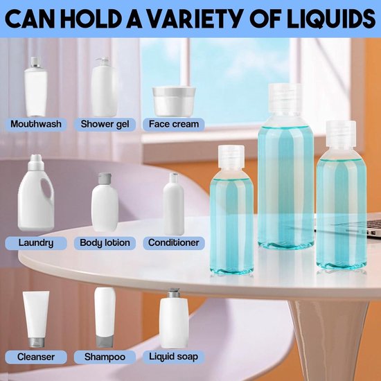 Solidchoice - 15 stuks reisflesjes-set, reisformaat containers met 50 ml, 80 ml, 100 ml, reiscontainers voor vloeistoffen met 3 trechters, kleine plastic flesjes om te vullen voor shampoo, conditioner, reizen van Solidchoice — afbeelding 2