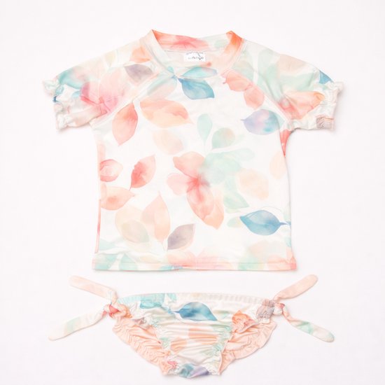 Ducksday - UV Zwemset - T-shirt korte mouw met omkeerbare bikinibroek - voor meisjes - UPF 50+ - Tweedelig - sneldrogend - Bliss - Bloemen Pastel Roze - Maat 134/140
