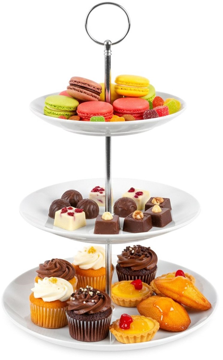 Etagère Porselein Wit met 3 Verdiepingen 34 cm - Serveertoren - Taartplateau - Cupcakestandaard - Taartstandaard