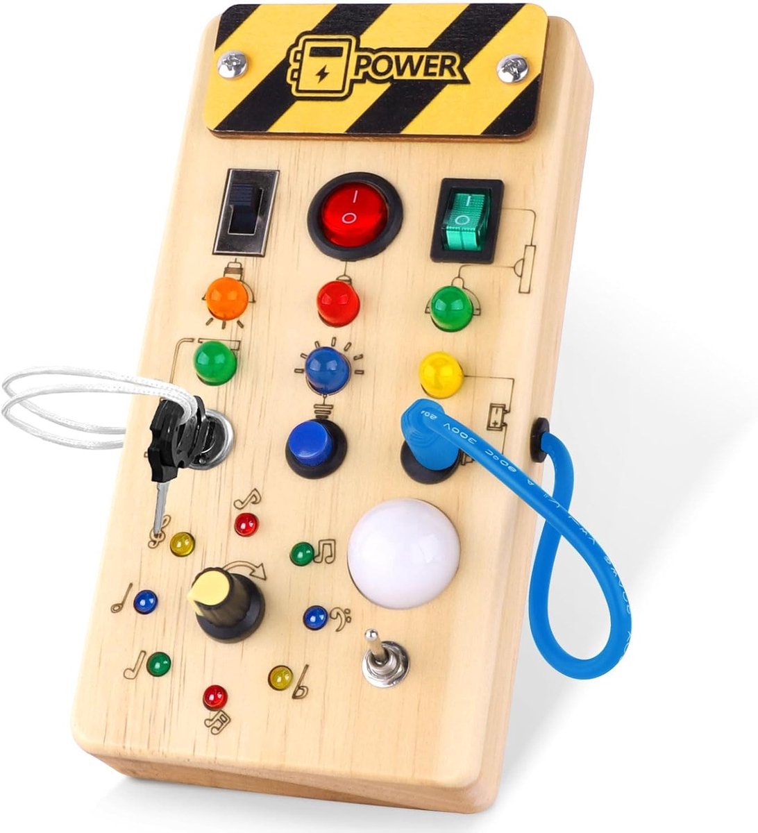 Montessori Stekkerdoos met LED-lichtjes – Houten activiteitenbord – Sensorisch speelgoed voor motorische ontwikkeling – Educatief speelgoed voor baby’s en peuters vanaf 1 jaar