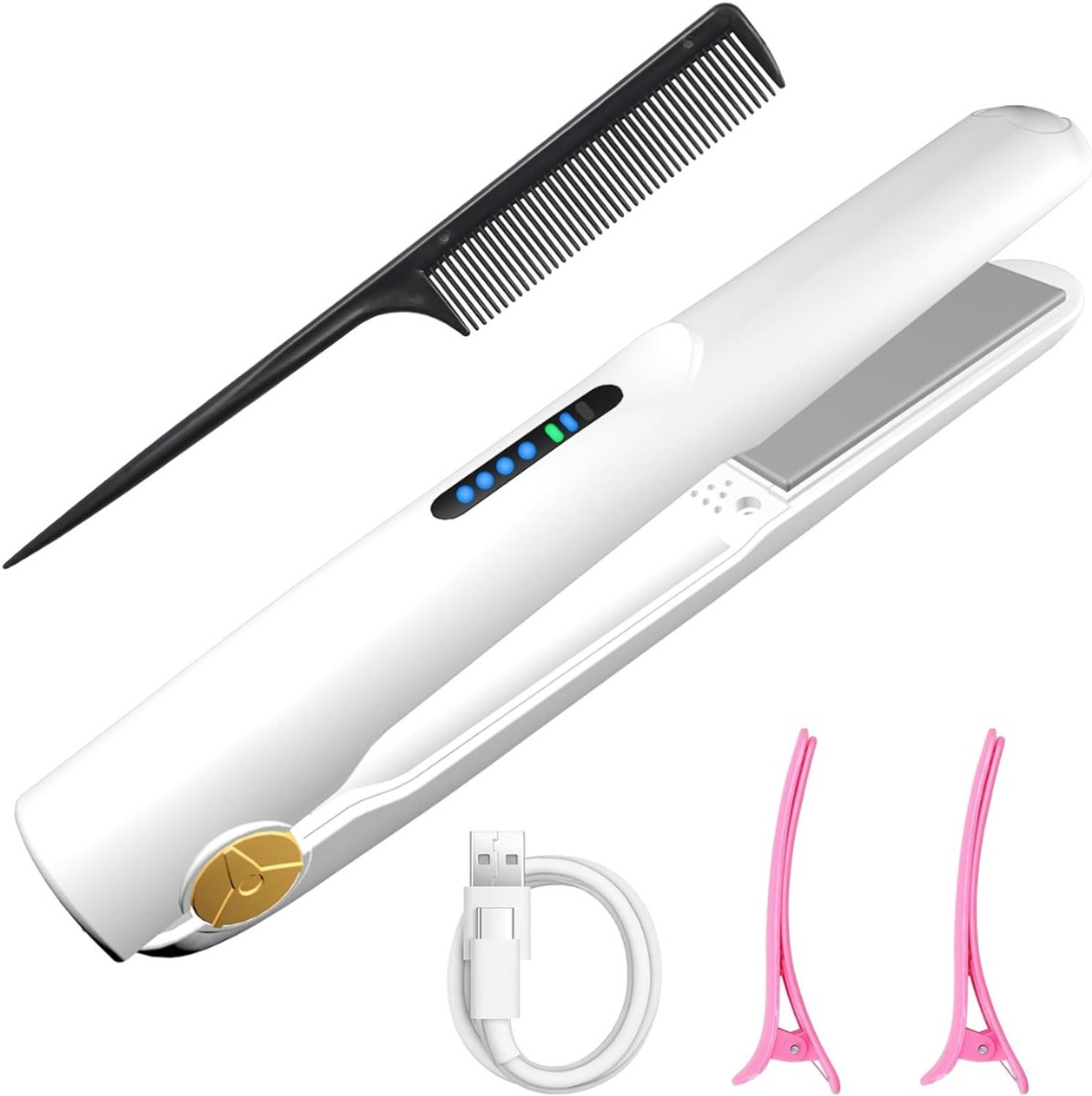 Aurixi® Draadloze Stijltang - Stijlborstel – Snoerloze Krultang - stoomstijltang - Mini Stijltang - Reis Stijltang - Krullen en Stijlen - Hair Straightener- Wit - ‎ 20cm x 2cm x 2cm