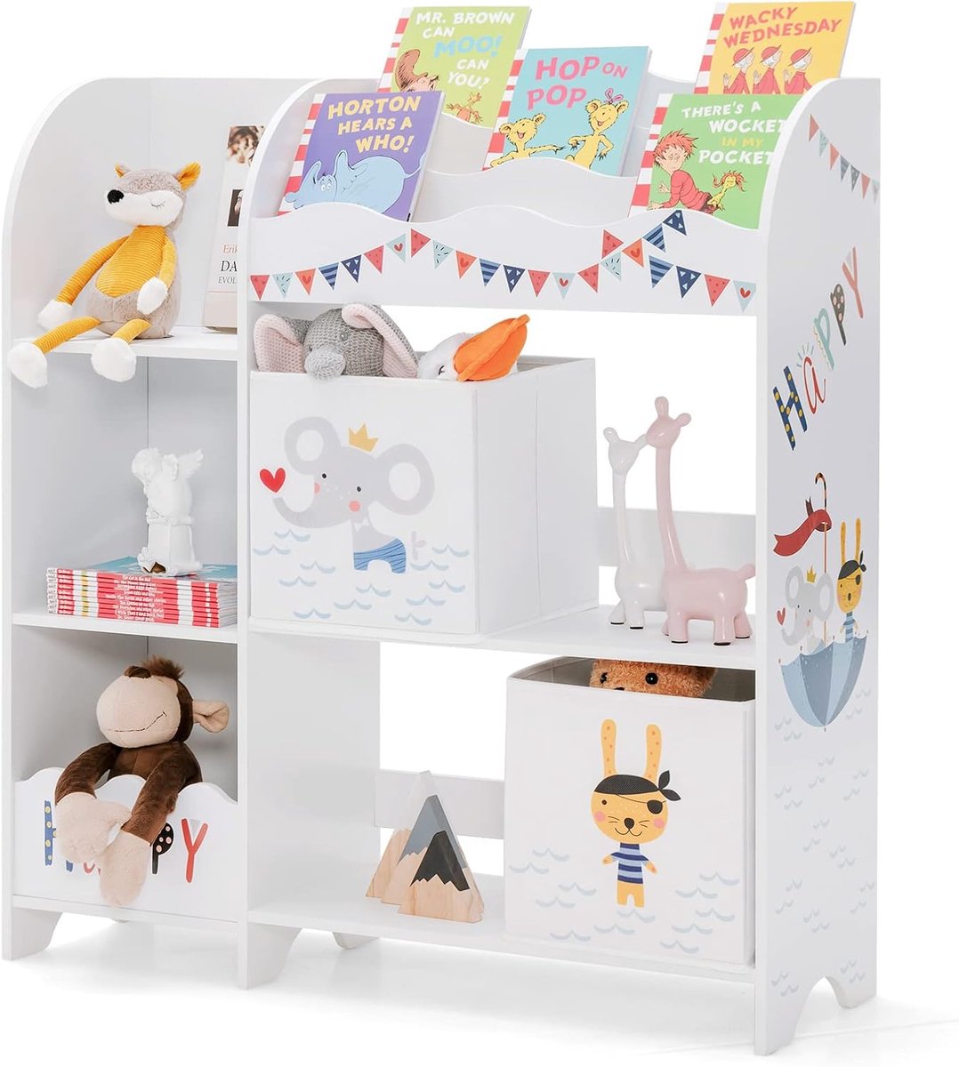 KOMFOTTEU Kinderboekenkast met 3 verdiepingen en speelgoedorganizer met 3 boekenvakken en 2 opbergdozen, vrijstaande kinderopbergkast voor speelkamer, kinderkamer (dierenzeerover)