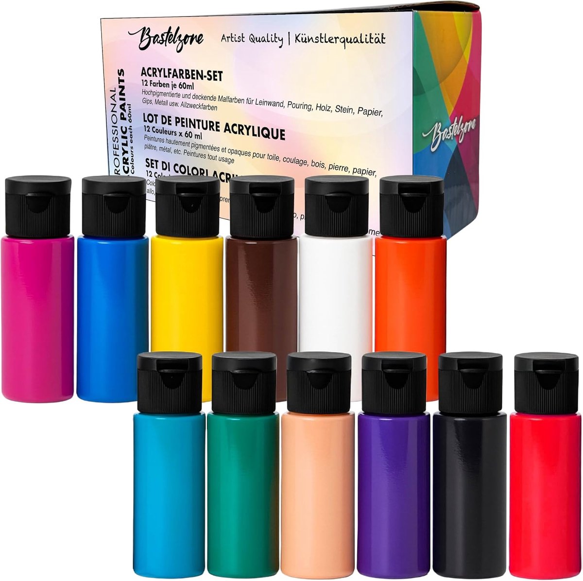 Südor acrylverfset 12 kleuren, elk 60 ml. Hoog gepigmenteerde en dekkende verf voor canvas, pouring, hout, steen, papier, gips, metaal enz. Multifunctionele verf (12 kleuren x 60 ml)