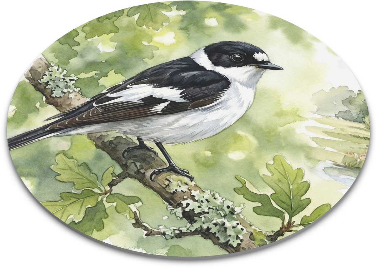Muismat Ronde Vorm Withalsvliegenvanger Vogel Boslandschap Eikentak - Aquarel Series Bosdieren Bureau Mat - Presentje voor hem & haar: Vrouw, Vriend(in) & Collega - Laptop PC Onderlegger - Kantoorartikelen Vogel Liefhebber Werkplek Decoratie