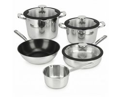 Cuisio DECO+ Pannenset Inductie - 8 Delige RVS Pannenset - PFAS- en PFOA-vrij - Set Met Kookpotten, Skillet & Wok - Pannen Geschikt voor Alle Warmtebronnen - Ergonomische Handgrepen en Afgietsysteem - 91% Gerecycled RVS - Zilver