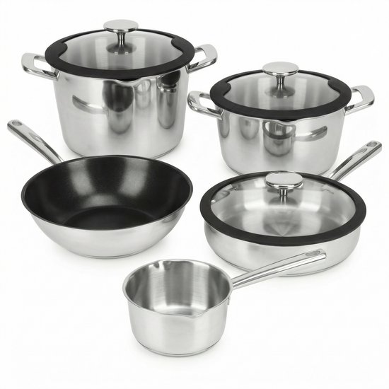 Cuisio DECO+ Pannenset Inductie - 8 Delige RVS Pannenset - PFAS- en PFOA-vrij - Set Met Kookpotten, Skillet & Wok - Pannen Geschikt voor Alle Warmtebronnen - Ergonomische Handgrepen en Afgietsysteem - 91% Gerecycled RVS - Zilver