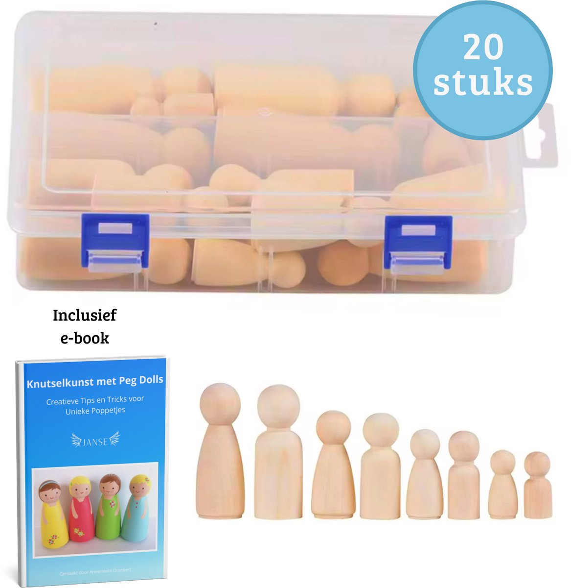 Janse® Houten poppetjes 20 stuks set - Peg dolls - Inclusief e-book - Knutselkunst met Peg dolls - Familie poppetjes - Poppenhuis poppetjes - Houten pionnen - Kegelpoppetjes - Creatief - Houten mensen