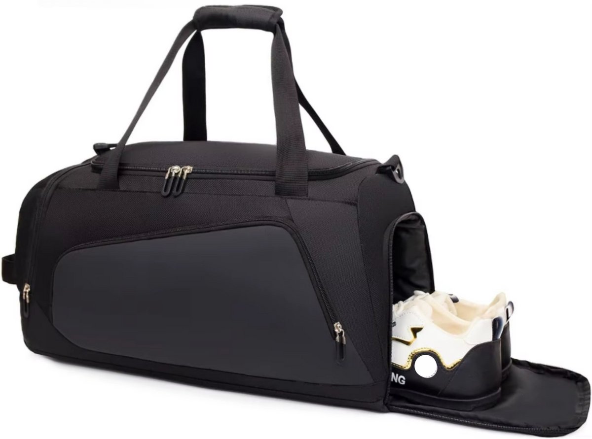 Janse® Sporttas met schoenen vak - Weekendtas zwart - 40 liter - Duffel back - 62x36x26 cm - Reistas waterproof - Zwem tas met wed pocket - Fitness tas - Nat vak - Sport bag - Lichtgewicht trainingstas - Gym tas - Schoenencompartiment