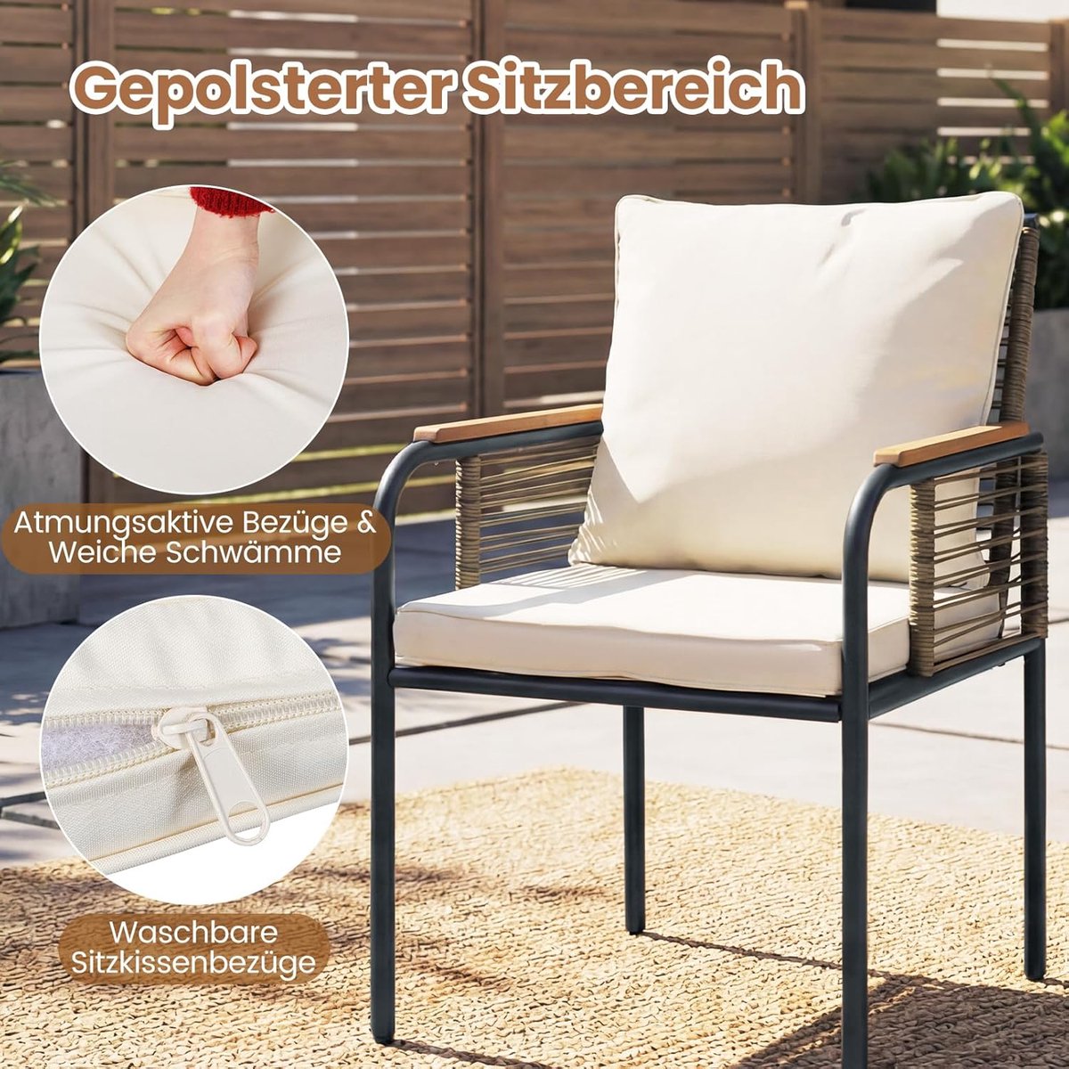 Balkonset 3-delig 60,5 x 54,5 x 84 cm – Rattan Tuinmeubel Set met Tafel en 2 Stoelen incl. Kussens – Compacte Outdoor Loungeset voor Balkon, Terras & Tuin – Wit – Laura