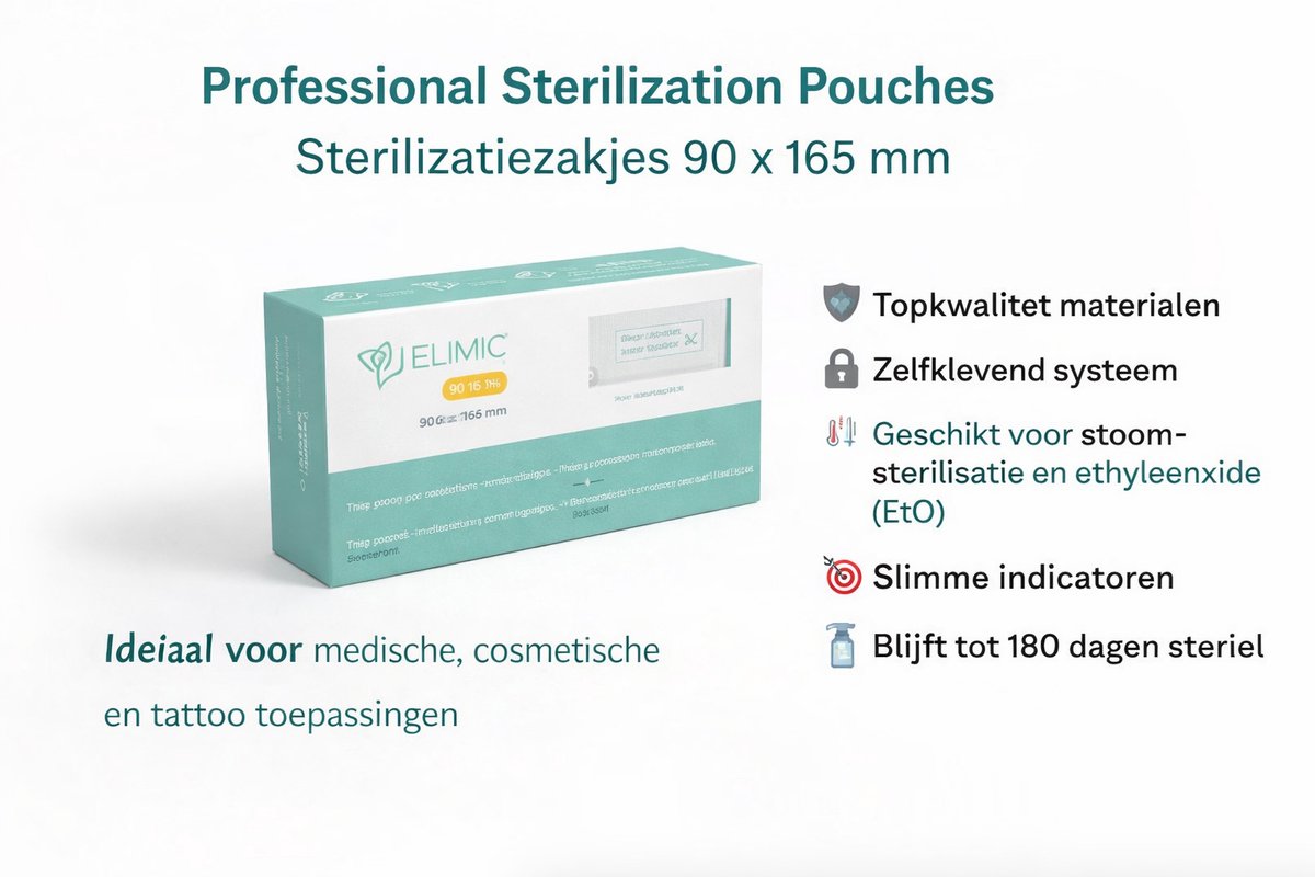 Sterilisatiezakjes 90 X 165 mm (200 stuks) autoclaaf zelfklevende zak. vaste zakken voor steriliseren, medische gebruiksvoorwerpen, nagel, schoonheidssalons, TATOO, kapsalons,