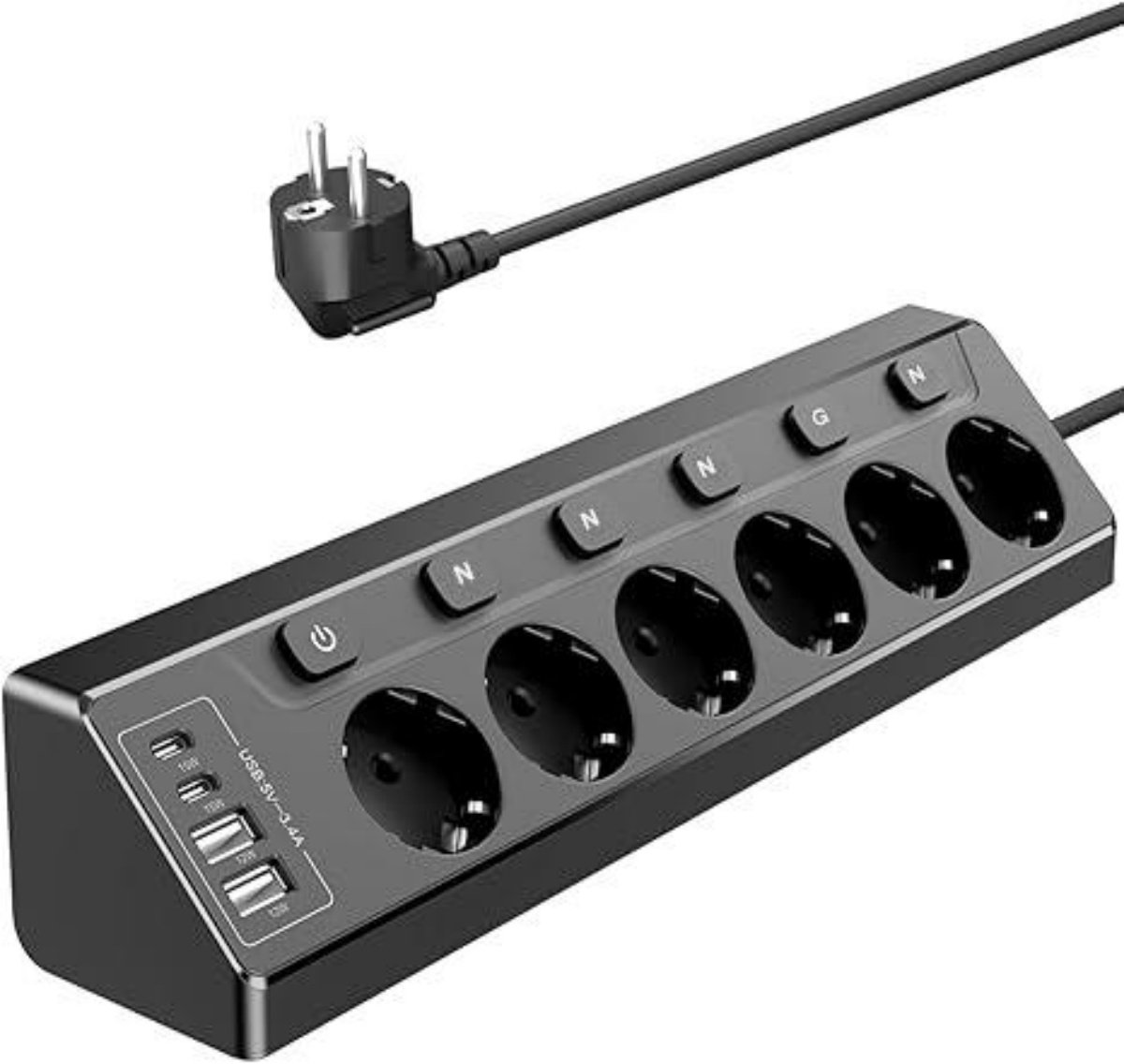 GELLDG Meervoudse stekkerdozen - Stekkerdoos met 6 Vakken en 4 USB (2 USB-C) - Onafhankelijke Schakelaars - 2m Kabel - Geschikt voor Keuken, Kantoor en Thuis - Duurzaam & Ruimtebesparend - Kunststof - Kinderveilig