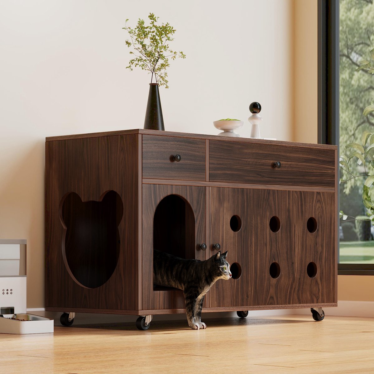 Kattenbak kast - kattenbakmeubel - kattenbak ombouw - kattenhuis - kattenmeubel met lades, afneembare zandopvangplaat, wielen en ventilatie - 100 x 45 x 66 cm - natuurhoutkleur