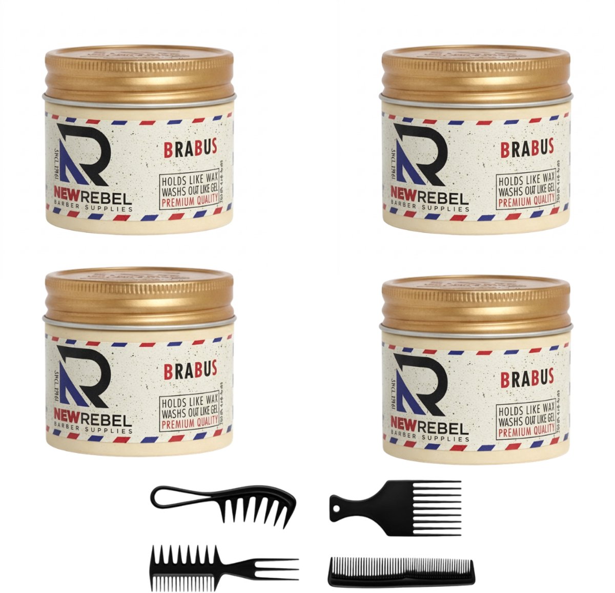 New Rebel Brabus Hair Wax – Sterke Hold – Gel Wax – Makkelijk Uitwasbaar – 4 x 125 ml + Stylingkam – Professionele Haarstyling - Haar Wax Mannen - Pomada