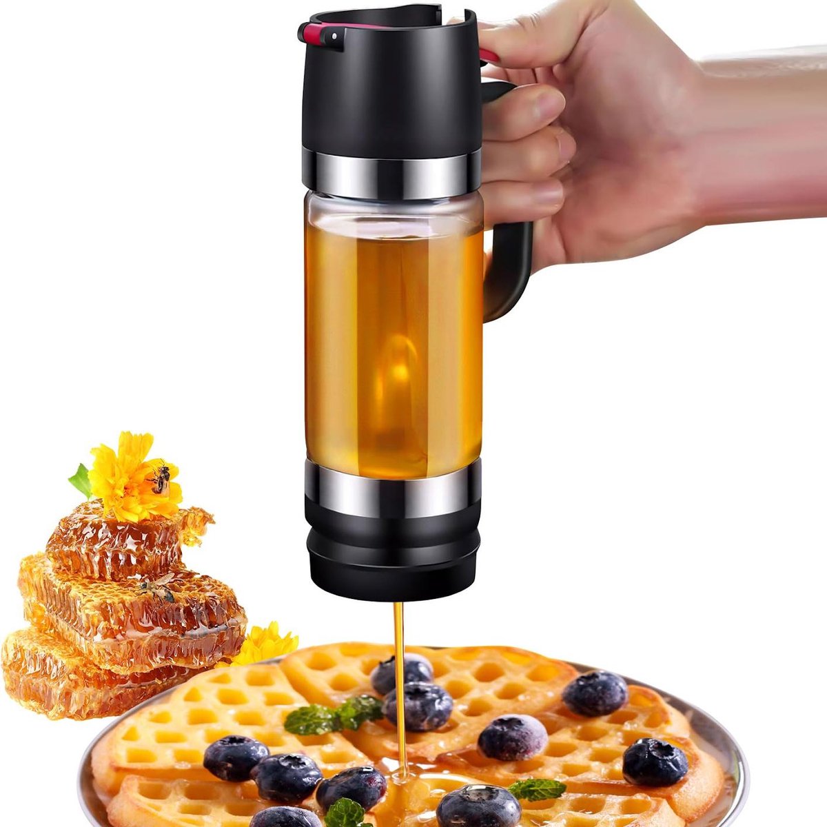 Honingpot - Borosilicaatglas - Drukpompdispenser Airtight - 1 Stuks - Keuken Geel