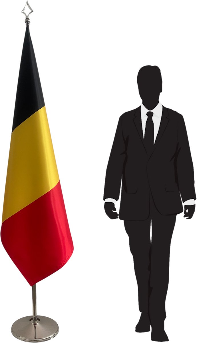 Belgische vlag met standaard en mast RVS – zware vloerstandaard Ø 360 mm (3 kg) – speerpunt (lance) – telescopische mast tot 2,5 m – 100x150 cm dubbelzijdig – professionele kantoor vlag binnen