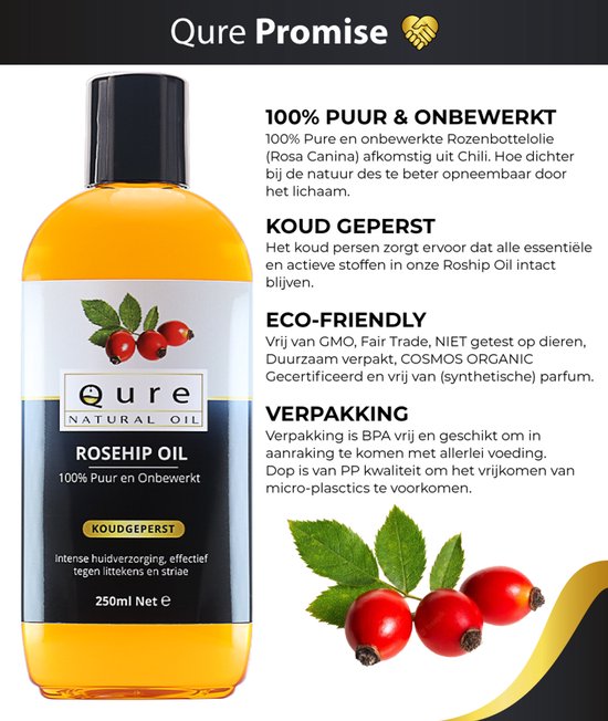 Fles Qure Rosehip Oil, 250ml, met tekst en rozenbottels en blaadjes op de voorgrond.