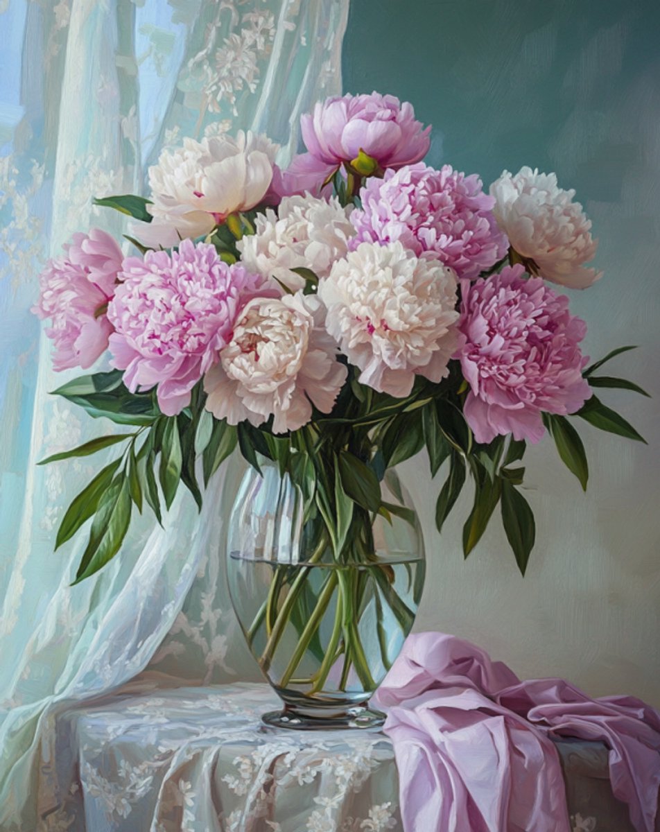 Diamond Painting - DP424 - Canvas op houten frame - Vaas met Pioenrozen - 40 x 50 cm