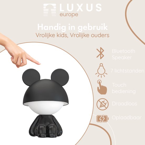 Luxus Nachtlamp Kinderkamer Mouse - Zwart - Nachtlampje baby - Voor kinderen - Slaapkamer - 7 kleuren licht - RGB - Bluetooth speaker - Draadloos - Oplaadbaar van Merkloos — afbeelding 3