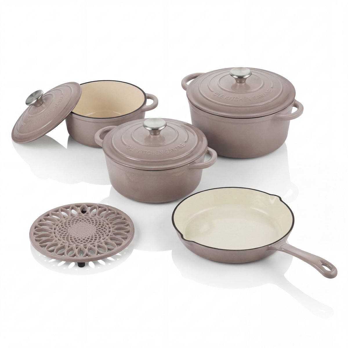 Geëmailleerde gietijzeren pannenset taupe 8-delig, C&E Kitchenware