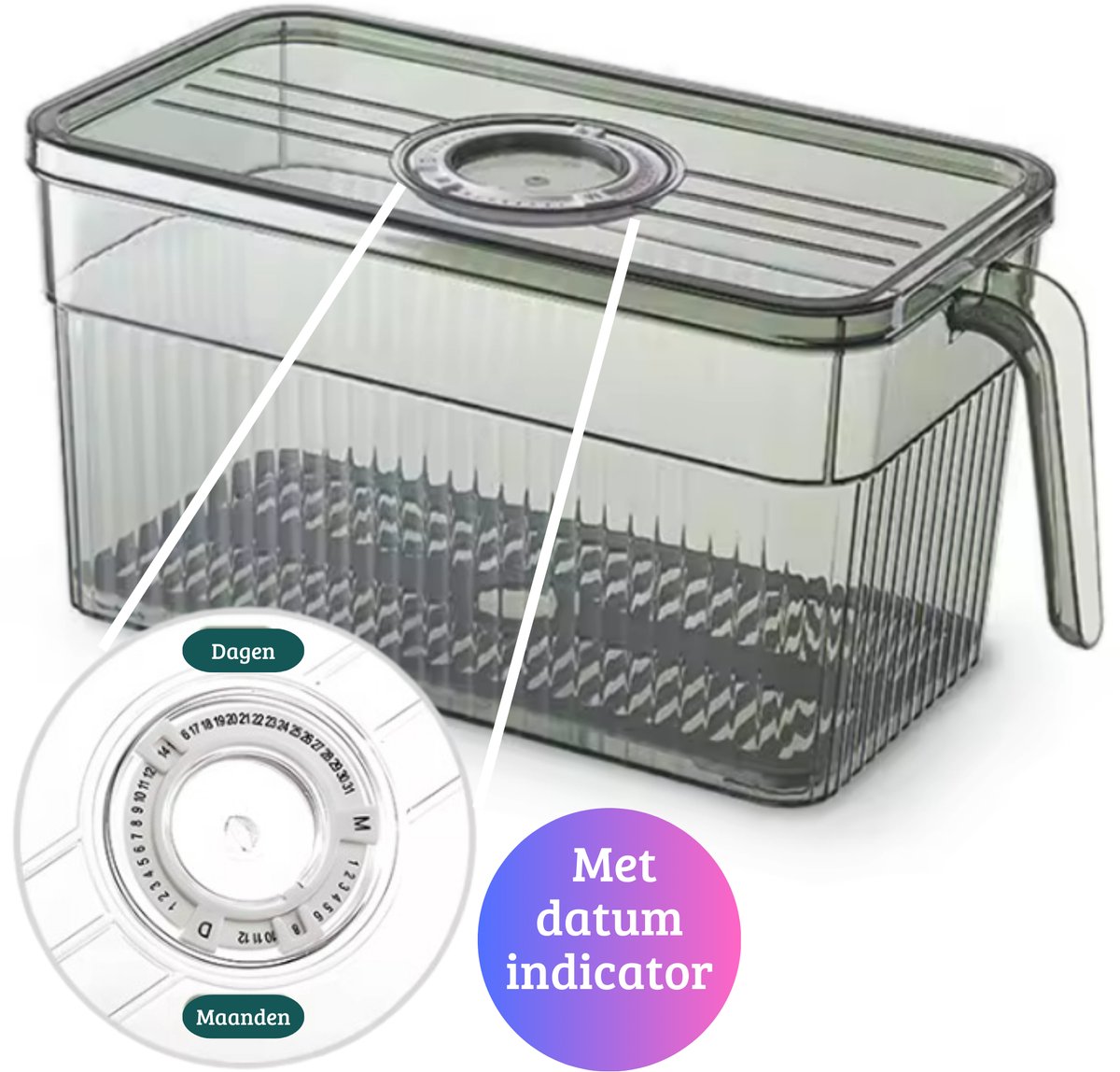 Janse® Koelkast organizer groen transparant met datum indicator - Luxe opbergbox met handvat - Opberg bakje - Koelkast bakje - Plastic bakje - Eten - Keuken organizer - Stapelbaar - Koelkast opbergbak - Voorraadbakje - Koelkast accessoires