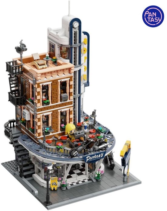 PANTASY Retro Motorrad-Diner & Bar Bauset, 2994 Teile Modulares Straßeneck-Architektur-Kit mit interaktiven Türen, aufklappbaren Wänden, 4 Motorrädern Sammlermodell zum Erwachsene Ausstellen Spielen