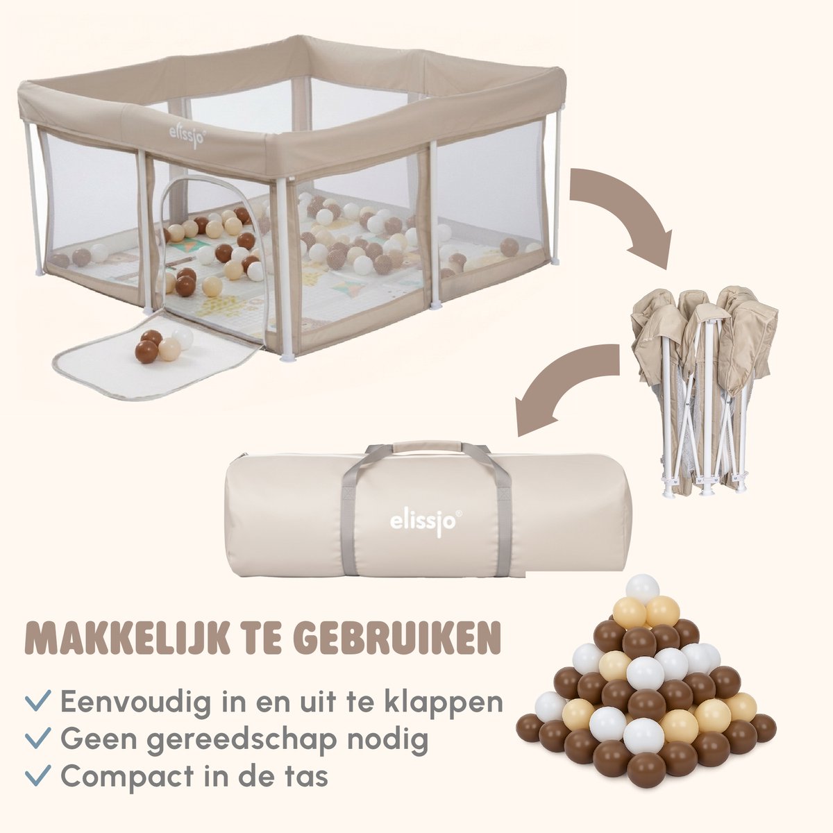 Elissio® - Grondbox Baby - Inklapbare Speelbox met Dubbelzijdige Speelmat & 50 Ballen - Kruipbox - Kinderbox - Playpen Baby - 125x125x65 CM - Beige – foto 4