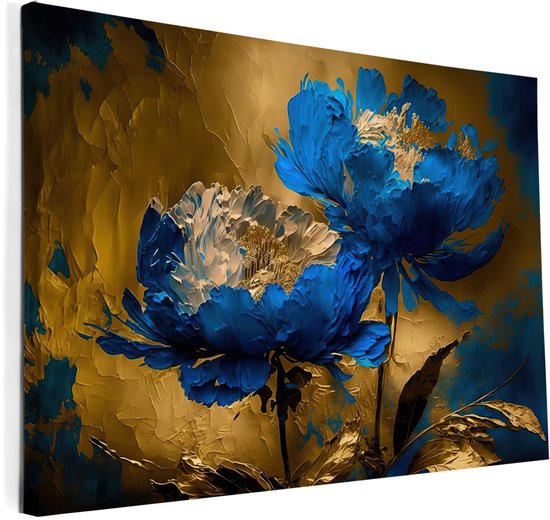 Abstract schilderij van twee blauwe pioenrozen met gouden accenten op een gouden, getextureerde achtergrond.