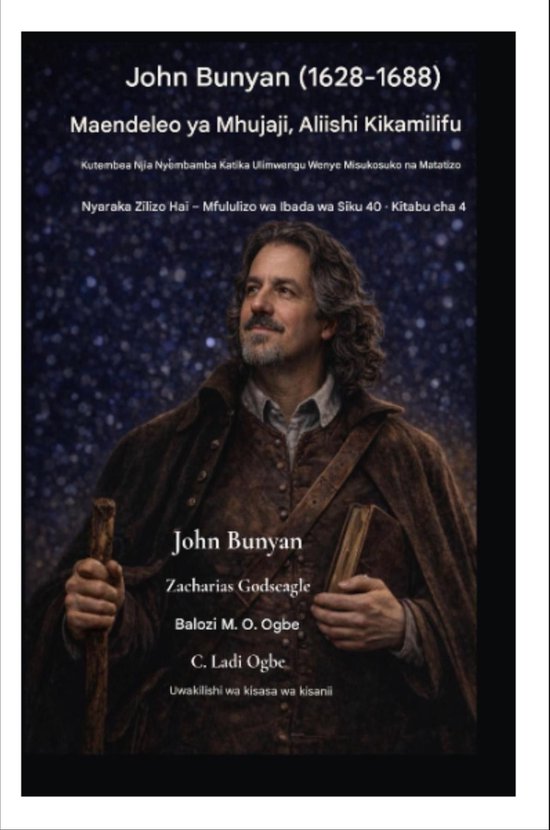 Portret van een man met een baard in een bruine jas, die een boek vasthoudt. Tekst: John Bunyan (1628-1688)