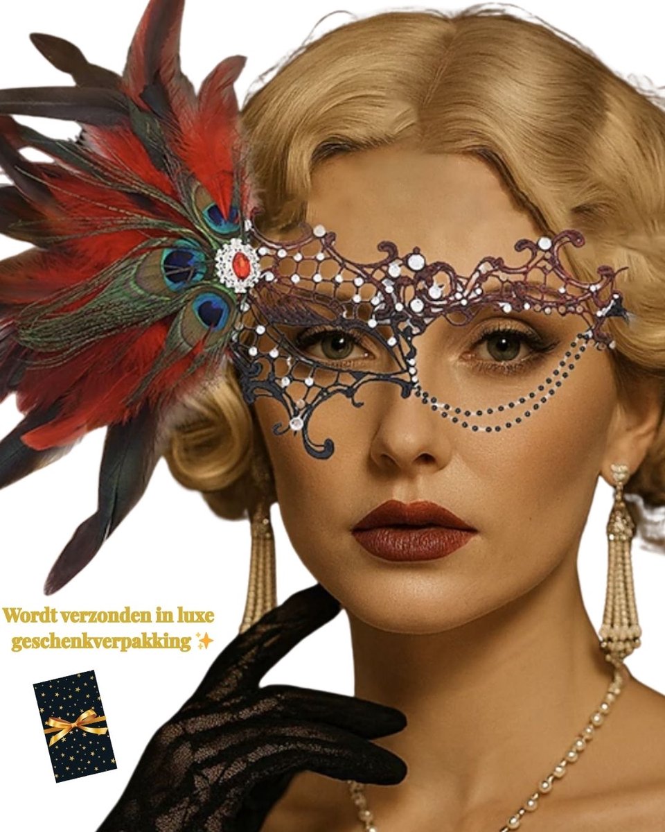 Festivallook – Royal Temptation – Luxe Verkleedmasker met Pauwenveren, Strass & Kettingdetails | Themafeest | Verkleedkleding | Masquerade | Carnaval | Halloween | Gala | One Size | Dare to Undress
