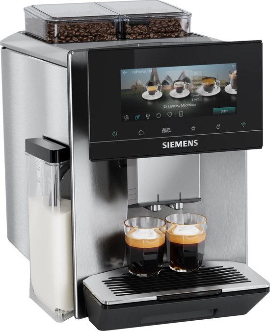 RVS Siemens volautomaat met touchscreen, maakt 2x Espresso Macchiato.