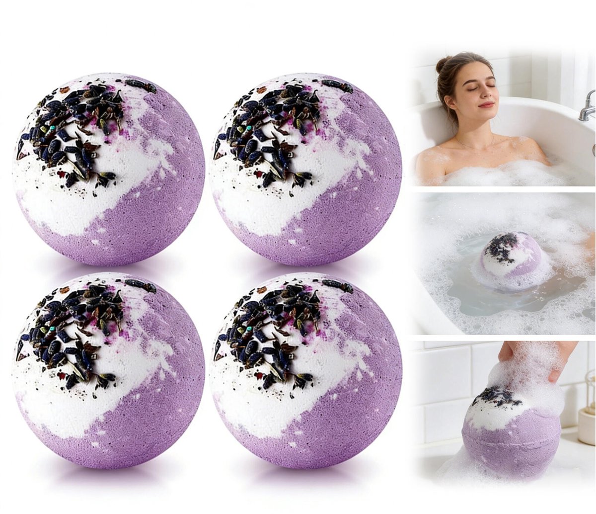 4 stuks Bruisballen - Lavendel Badbommen met Gedroogde Lavendelbloemen - Natuurlijke Organische SPA Badzoutballen voor Ontspanning, Hydraterend, Aromatherapie - Bath Bombs - Handgemaakte Bruisende Badbommen Cadeauset voor Vrouwen, Mannen