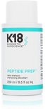 Witte K18 Peptide Prep Detox Shampoo fles met turquoise banden, zwarte tekst en productinformatie op de zijkant.