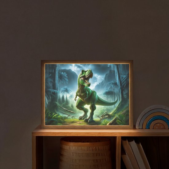 Nachtlampje 40x30 cm - Kinder lamp - Dino - Jongens - Groen - Blauw - T-Rex - Tafellamp kinderkamer draadloos - Slaapkamer lampje - Bedlamp kinderen - Kinderlampje - Wandlamp babykamer - Nachtlampjes van OnlyWow — afbeelding 2
