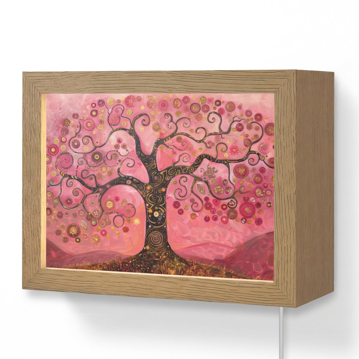 Wandlamp 20x15 cm - Oplaadbaar - Boom - Levensboom - Roze - Goud - Wandlampen binnen woonk