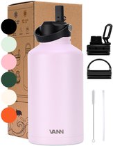 VANN® 3-Wandige RVS Waterfles 2 Liter met rietje voor volwassenen – Met 5 accessoires – thermoskan 2 liter – 24 uur koud/12 uur warm – Roze – Cadeau voor man en vrouw – VANN ULTIMATE BOTTLE®