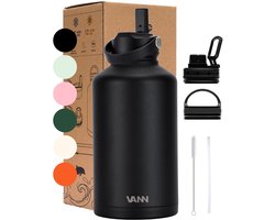 VANN® 3-Wandige RVS Waterfles 2 Liter met rietje voor volwassenen – Met 5 accessoires – thermoskan 2 liter – 24 uur koud/12 uur warm – Satin Noir – Cadeau voor man en vrouw – VANN ULTIMATE BOTTLE®