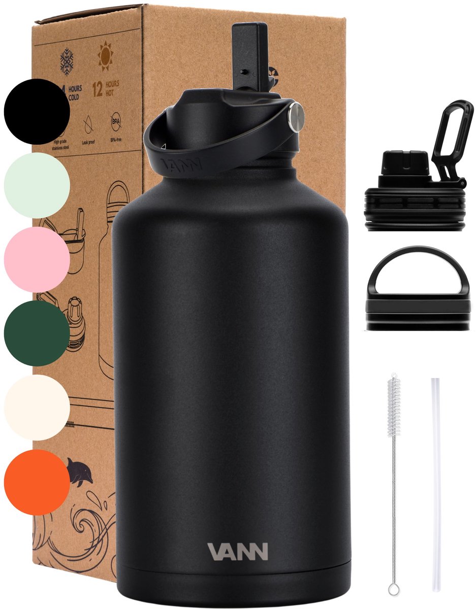 Bol.com VANN® 3-Wandige RVS Waterfles 2 Liter met rietje voor volwassenen – Met 5 accessoires – thermoskan 2 liter – 24 uur koud... aanbieding