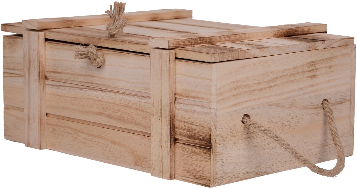 UNUS® Houten kist met deksel en twee handgrepen naturel gevlamd - 36x14,5x24cm - schatkist - speelgoedkist - deco houten krat