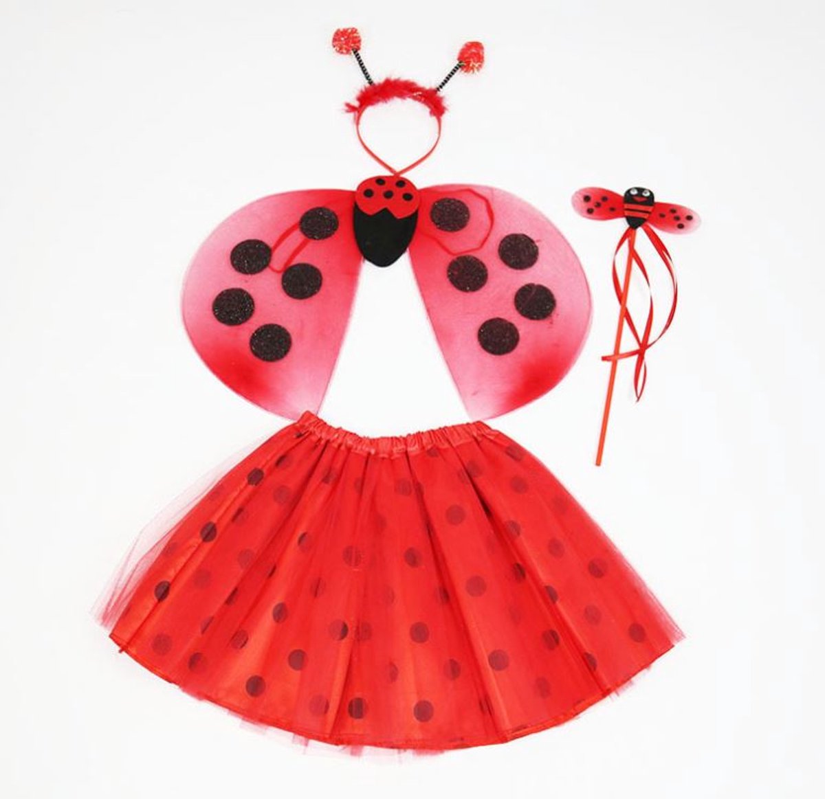 Kinderen kostuumset lieveheersbeestje rode - Halloween - 4-in-1 set - tiara - staaf - vleugels - tutu - Perfect voor Carnaval - Themafeest - Halloween feest - meisjes – cadeau
