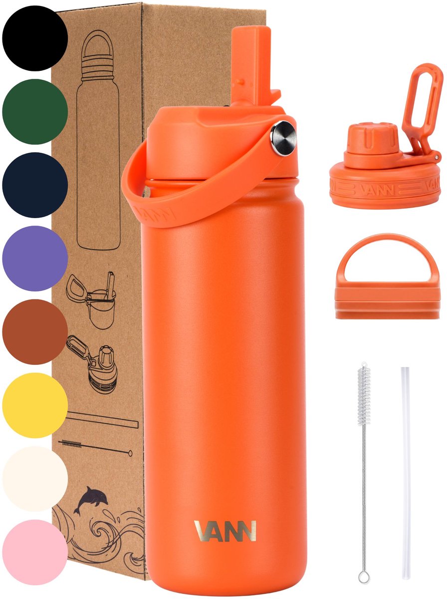 VANN® 3-Wandige RVS Waterfles 500 ML met rietje voor volwassenen – Met 5 accessoires – bidon – 24 uur koud/12 uur warm – Oranje – VANN Ultimate Bottle®
