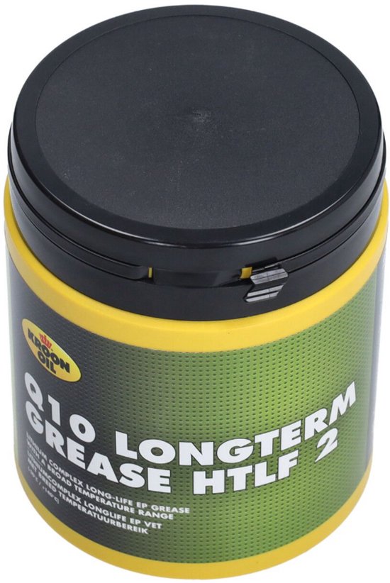 Grijze pot met gele band, zwarte deksel, met 'Kroon Oil' en 'Q10 Longterm Grease HTLF 2'.