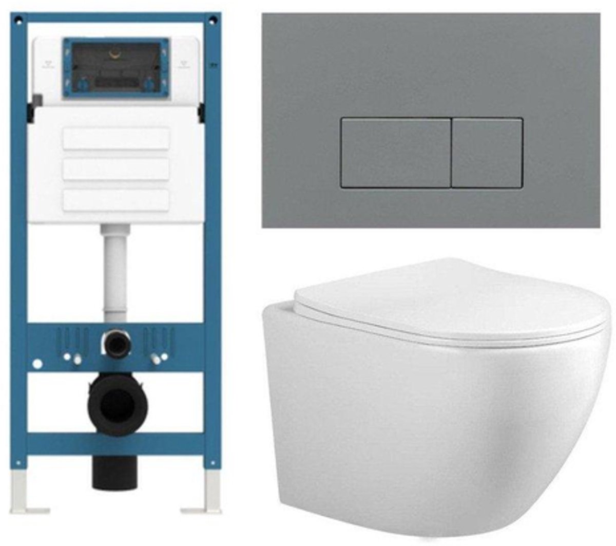 FugaFlow Eccelente Press Toiletset - 48.5x36x32cm - diepspoel - spoelrandloos - inbouwreservoir - softclose - quickrelease - toiletzitting - licht grijze kunststof bedieningsplaat - rechthoekige knoppen - wit