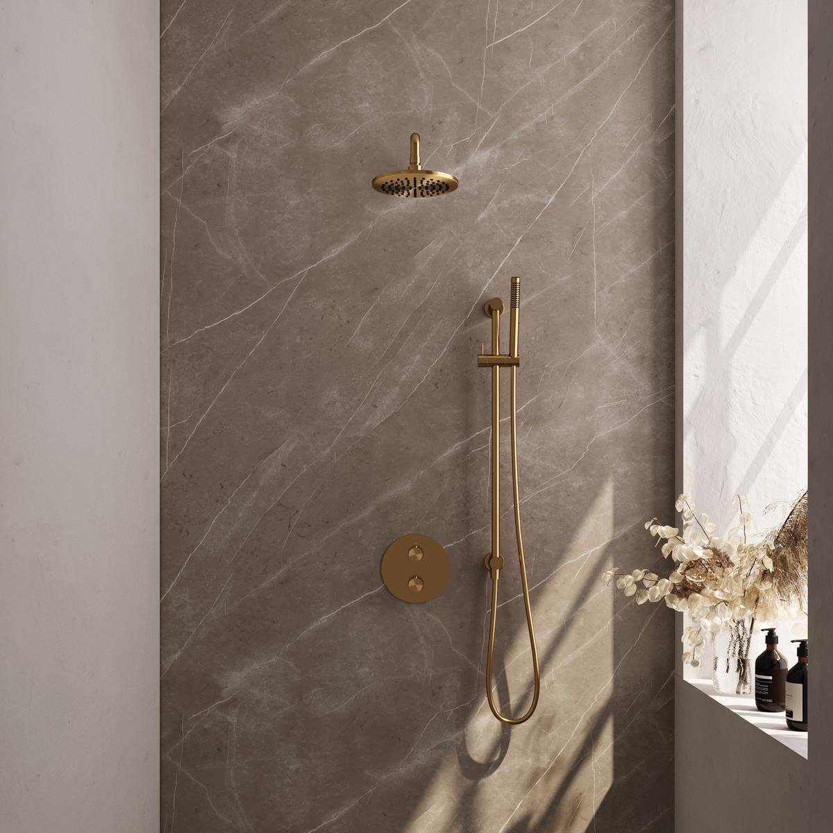 Brauer Gold Edition Thermostatische Regendoucheset Inbouw - Hoofddouche 20 cm - Gebogen Wandarm - 3 Weg - Handdouche Rond - Doucheslang - Geintegreerde Glijstang - Geborsteld Goud