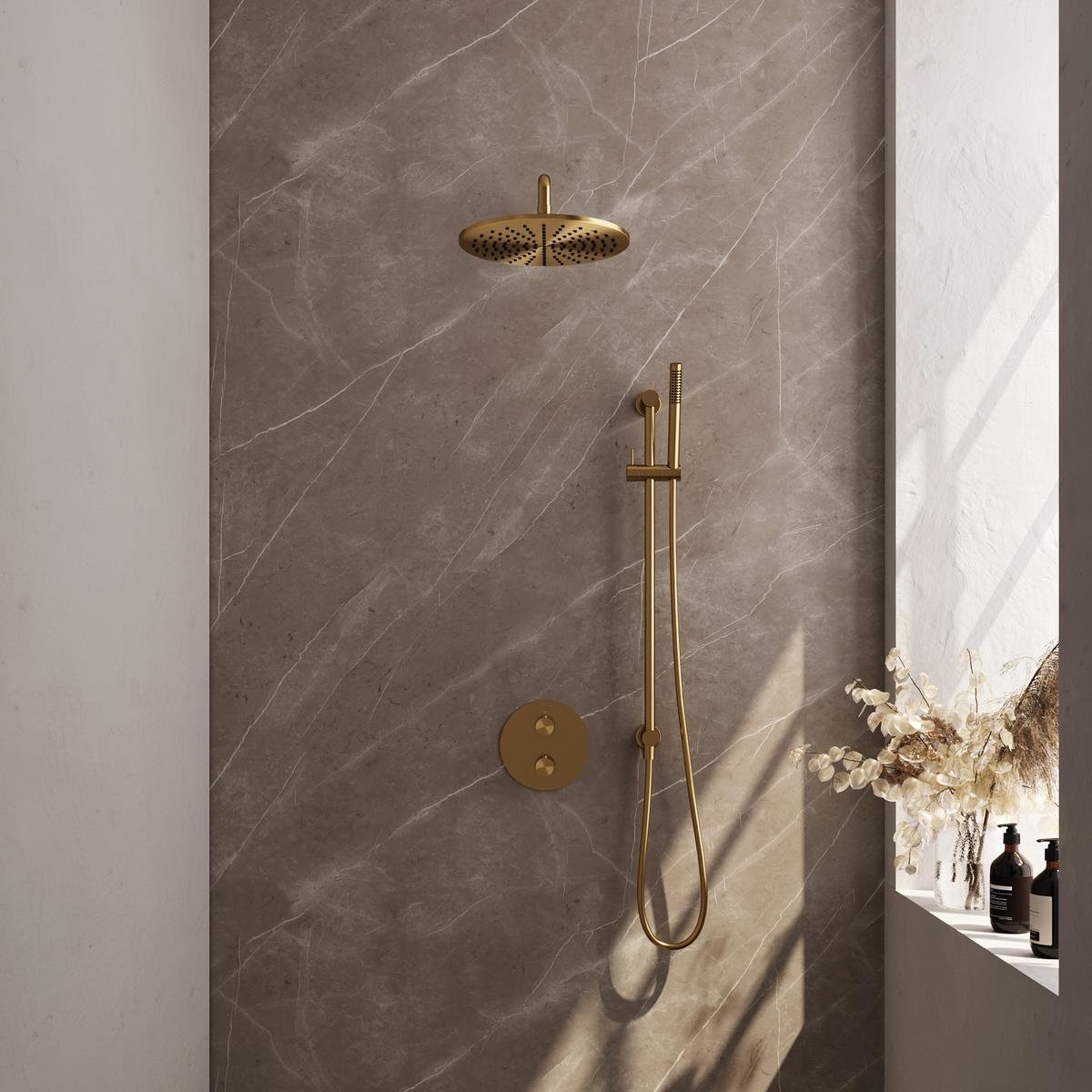 Brauer Gold Edition Thermostatische Regendoucheset Inbouw - Hoofddouche 30 cm - Gebogen Wandarm - 3 Weg - Handdouche Rond - Doucheslang - Geintegreerde Glijstang - Geborsteld Goud