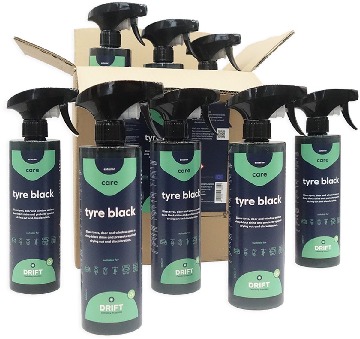 Bandenzwart – 12×500ML – Professionele Bandenglans & UV Bescherming – Voordeelverpakking – DRIFT Detailing Supplies