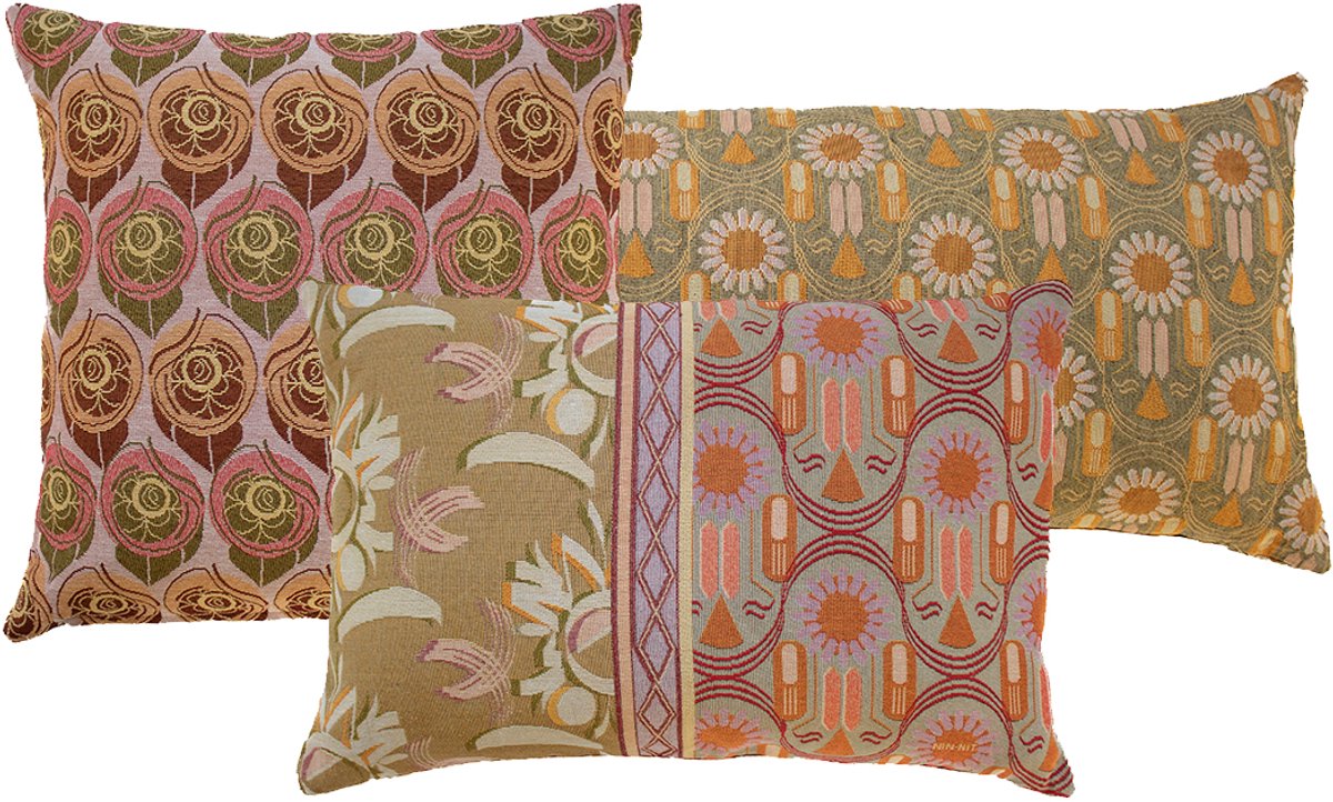 NIN-NIT - Fleurs Classiques kussenset - 3 verschillende sierkussens met bloemenprint - Natuurprint - Bladeren - roze - oranje - grijs - beige - groen - lila - multicolor - 90x35 cm - 50 x50 cm - 60x40 cm - 100% geweven katoen