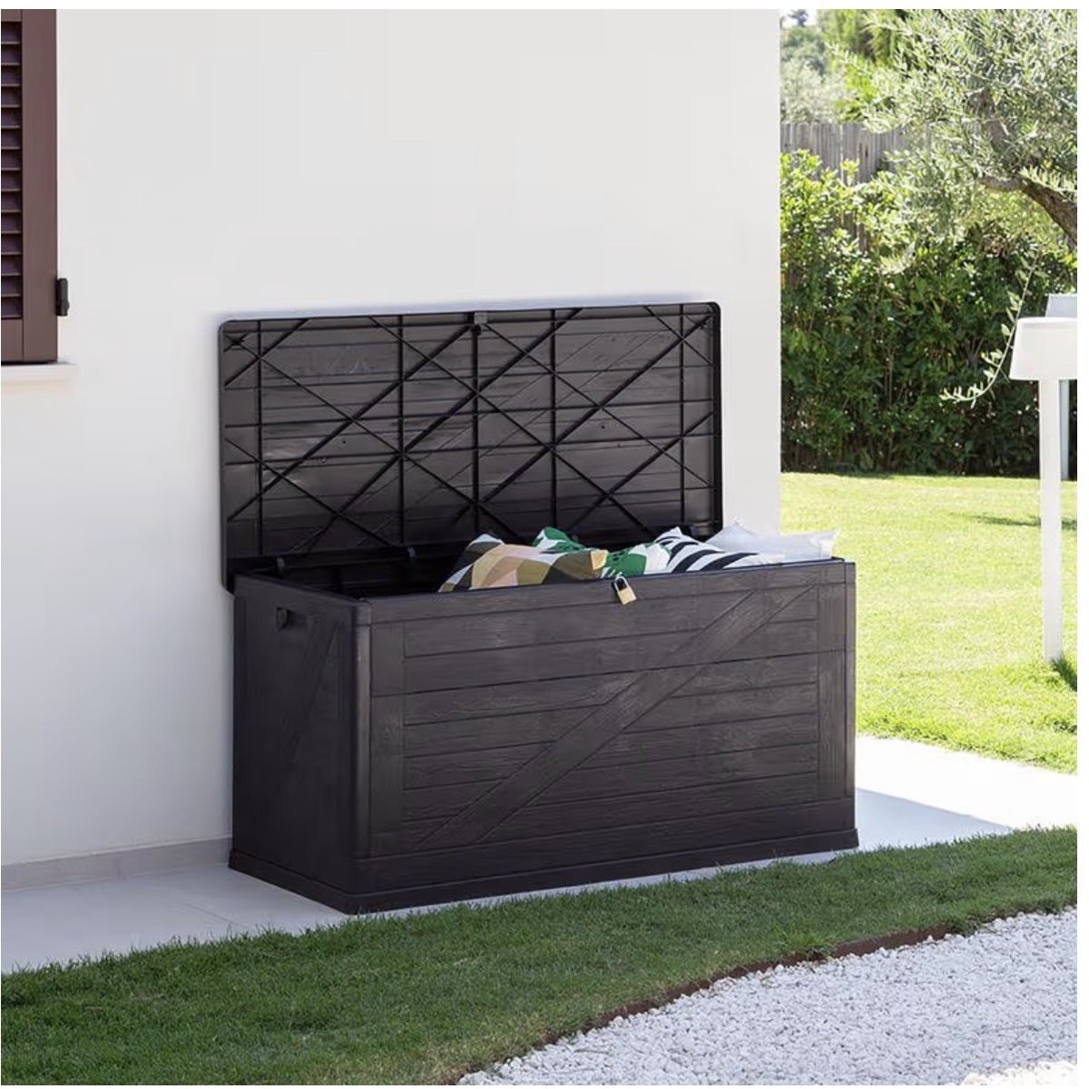Kussenbox 420L – Waterbestendige Opbergbox voor Tuinkussens – 120 x 56 x 63 cm – Zwart Houtlook Design