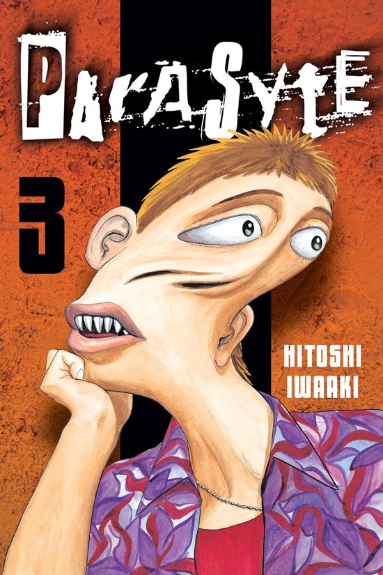 Parasyte deel 3 manga met een close-up van een jongeman met vervormde gelaatstrekken, zijn hand op zijn kin.