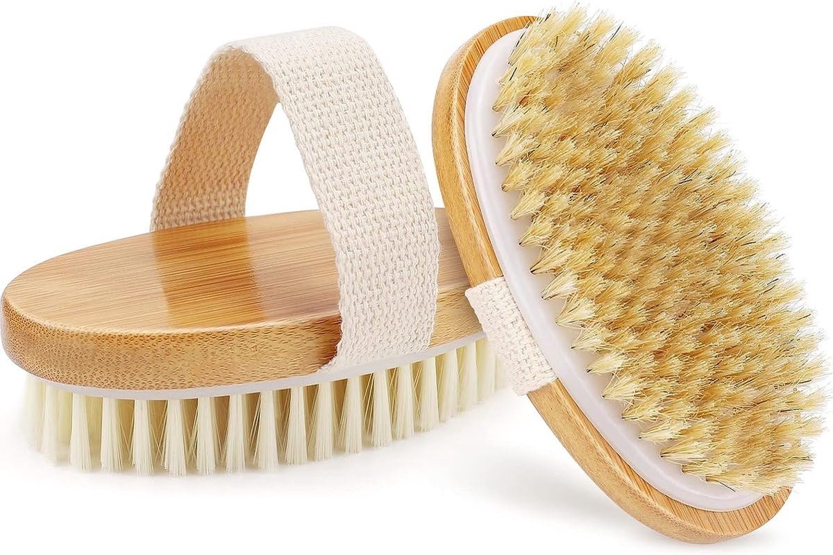 Okado Huidborstel Dry Brushing 2 Stuks – Houten Lichaamsborstel met Natuurlijke Haren – Voor Nat en Droog Gebruik
